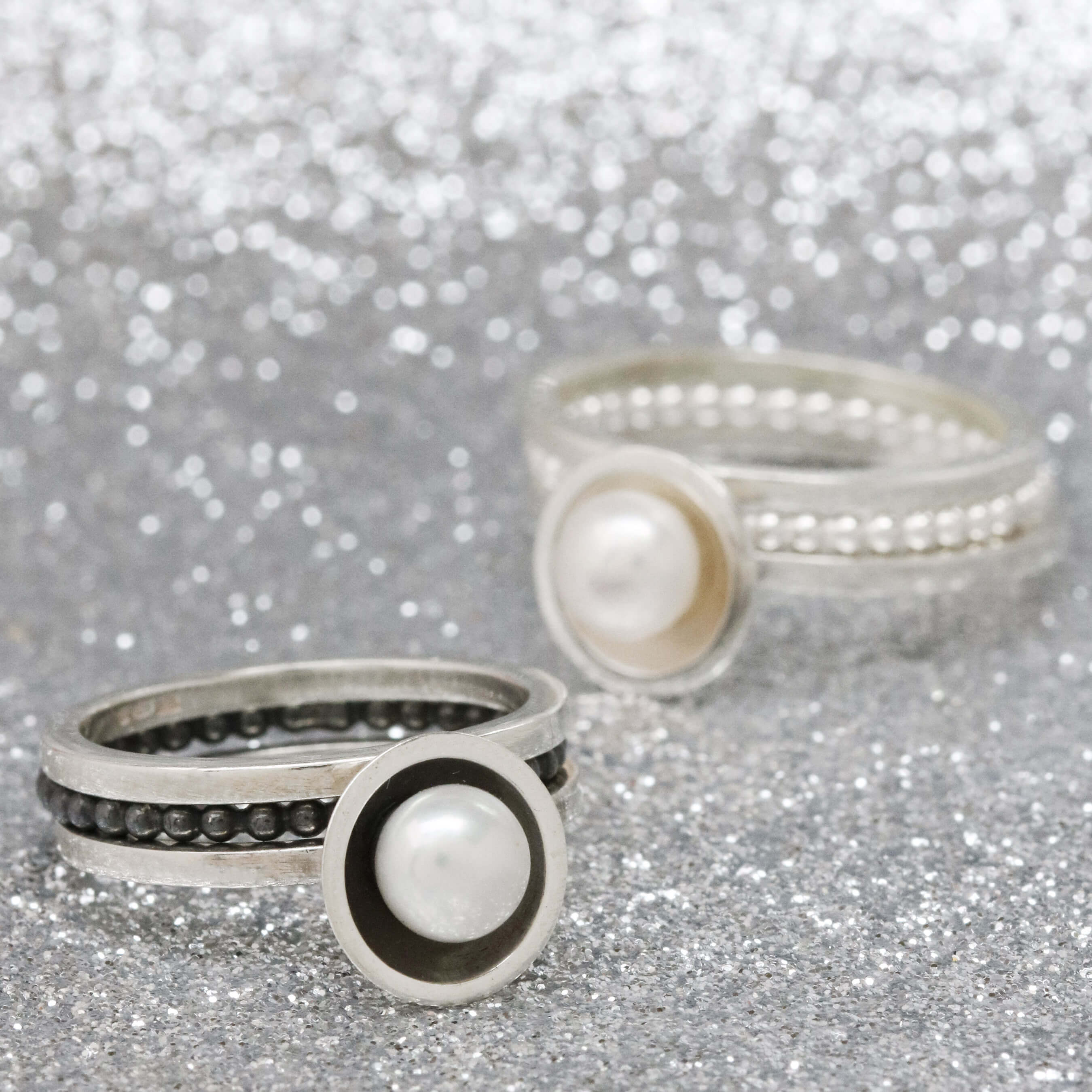 Silver and Black Pearl Stacking Rings